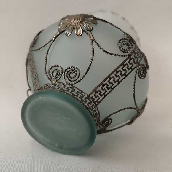 Very Sweet Vintage Blue Gray Satin Glass Vase with Lovely Metal Overlay Design - Picture 5 of 5